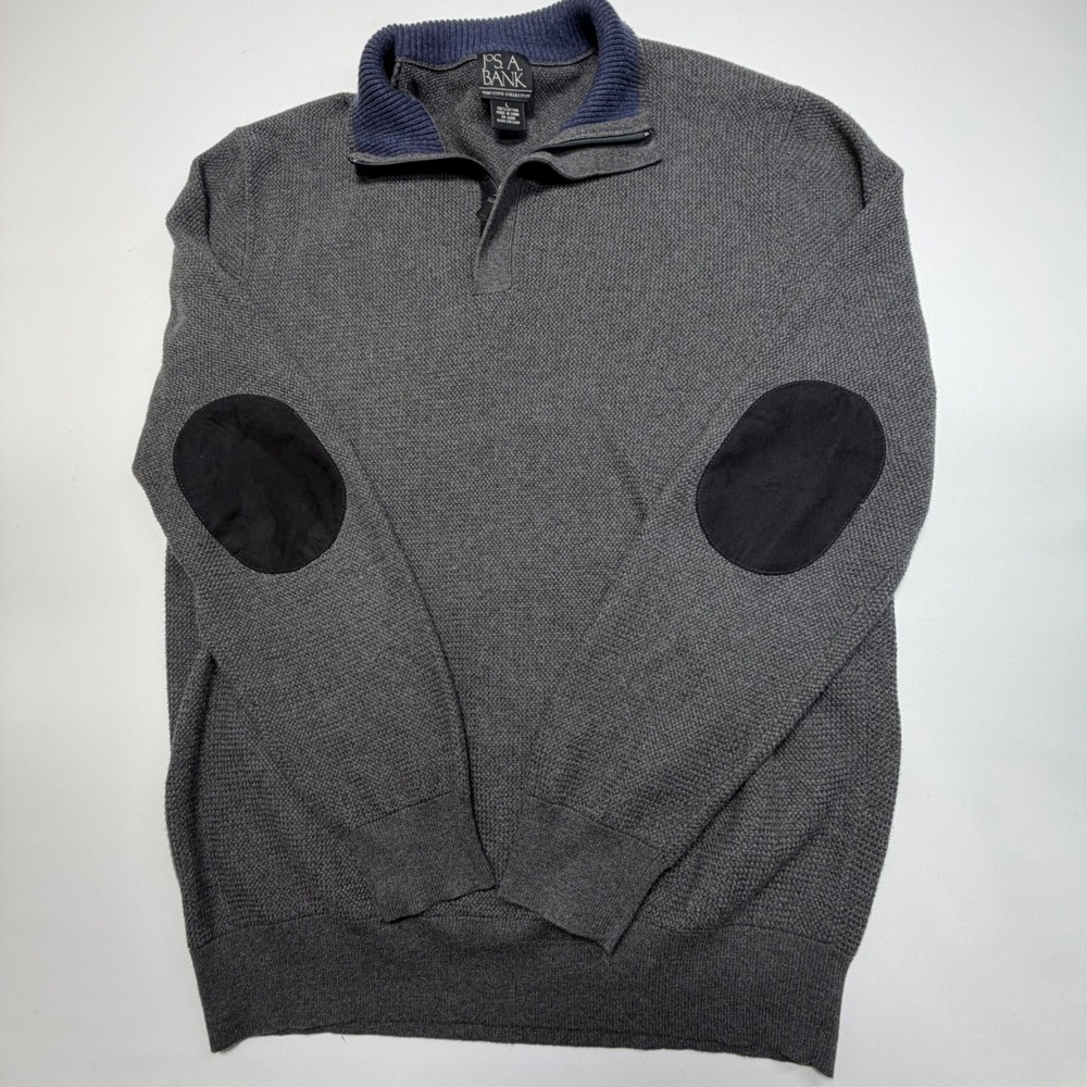 Jos A Bank Executive Collection Gray Quarter-Zip‎ Sweater L Elbow Patches